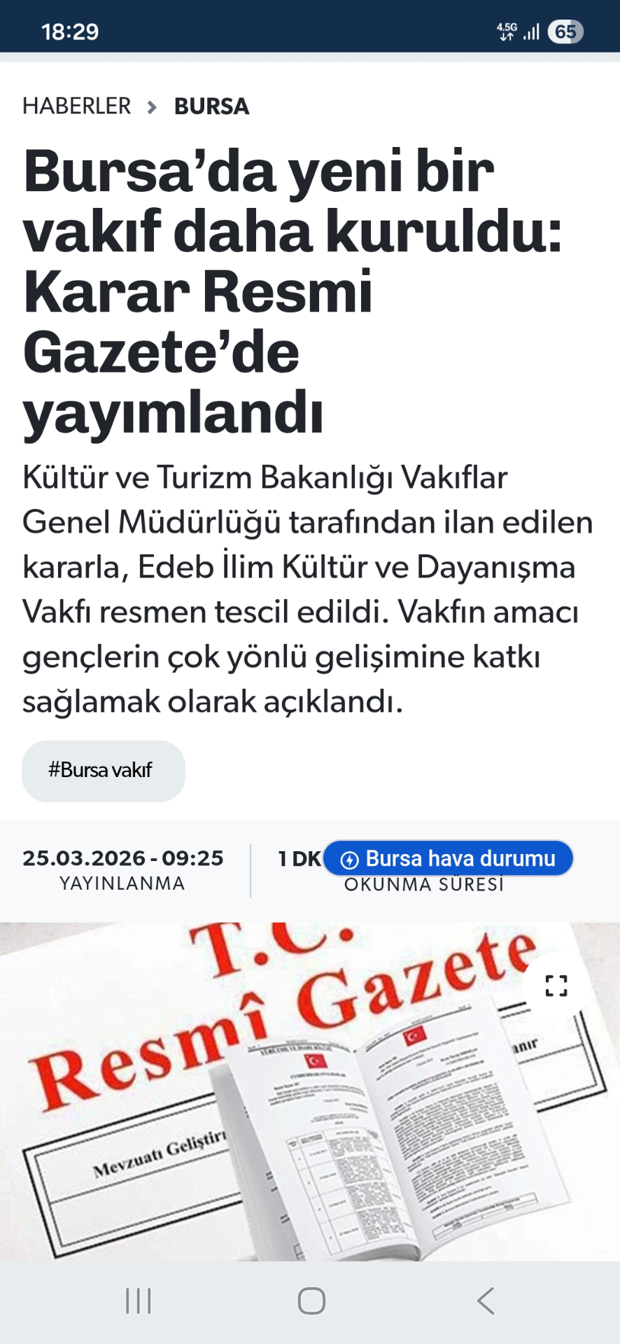 Bursa'da yeni bir vakıf daha kuruldu: Karar Resmi Gazete'de yayımlandı